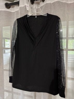 Black V-Neck Top with Sheer Star-Embellished Sleeves